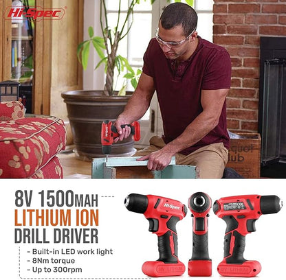 Hi-Spec 58pc Red 8V USB Electric Power Cordless Drill Driver and Home DIY Tool