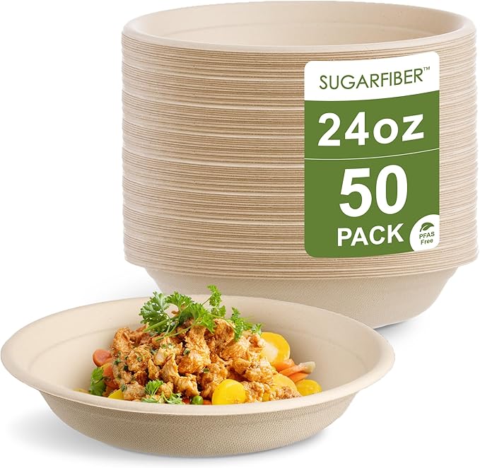 [50 COUNT]Sugarfiber by Harvest Pack PFAS FREE 24oz Round Paper Bowls - Compostable Heavy-Duty Eco-Friendly Disposable Bagasse Bowl sugarcane made plant fibers for Meal Prep