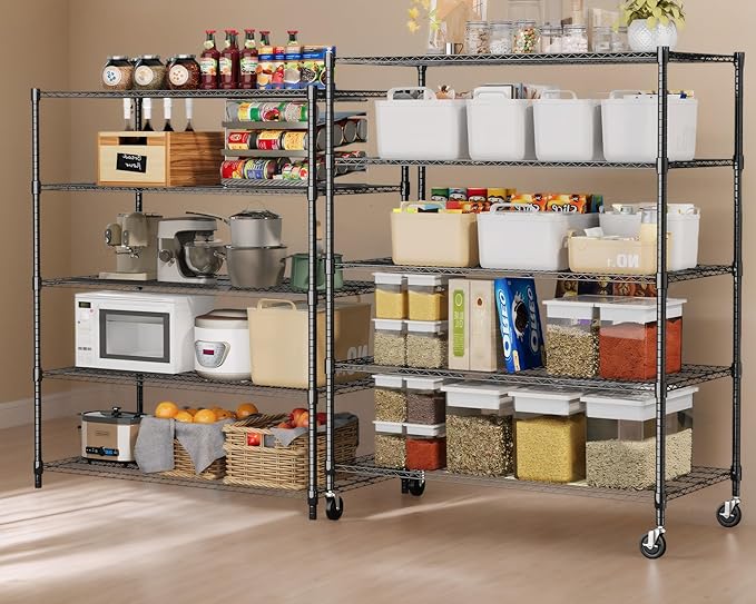 Himimi 5 Tier Wire Shelving with Wheels Heavy Duty Height Adjustable Metal Shelves for Storage, Commercial Grade Steel Utility Wire Rack for Kitchen Garage Pantry Organization-24×48×82, Black