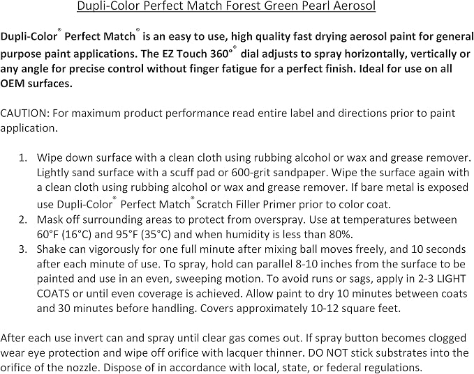 Dupli-Color EBCC04237 Perfect Match Automotive Spray Paint – Chrysler Forest Green Pearl, PG8 – 8 oz. Aerosol Can