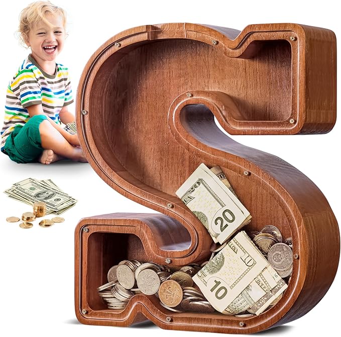 Summidate Large Wooden Piggy Bank for Kids Adults, Alphabets Letter A-Z Piggy Bank for Boys Girls, Coins Bills Change Bank Box Personalized Initial Name Kids Money Bank for Birthday Present and Decor