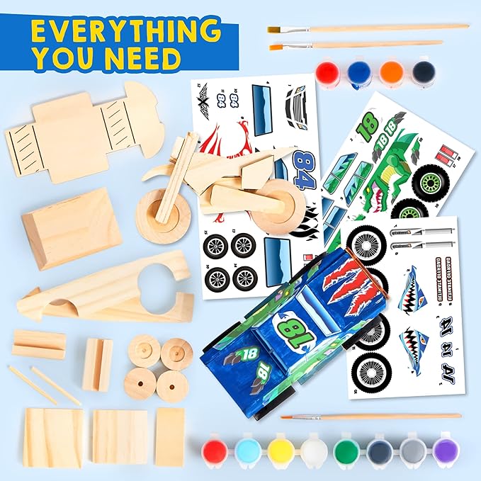 JOYIN Kids Craft Kit Build & Paint Your Own Wooden Race Car Art & Craft Kit DIY Toy Make Your Own Car Truck Toy Construct and Paint Kit, Presents for Kids