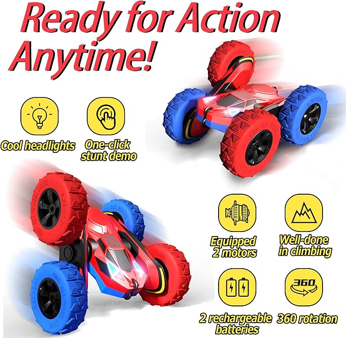 Threeking RC Stunt Car Remote Control Cars with Lights Double-Sided Driving Indoor Outdoor Toys Gifts Presents for 6 7 8 9 10 11 12 Year Old Kids Boys Girls