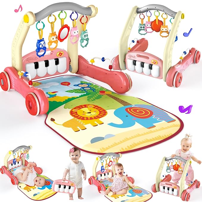 2 in 1 Baby Gym Play Mat with Walker, Kick and Play Piano Gym Activity for Boys Girls, Musical Activity Center Tummy Time Mat for 0-3-6-12-18 Months, Learning Walker Play Gym for Infant Girl Gift(RED)