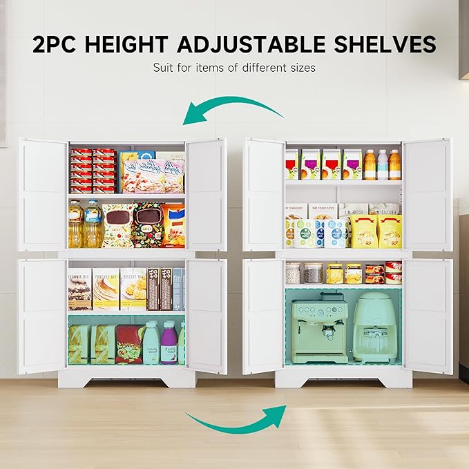 SISESOL White Storage Cabinet with 4 Doors and 2 Adjustable Shelves,Farmhouse Food Pantry Cabinets,Small Bathroom Cabinet,4 Tier Metal Storage Cabinets for Home Kitchen,Dining/Living/Laundry/Room