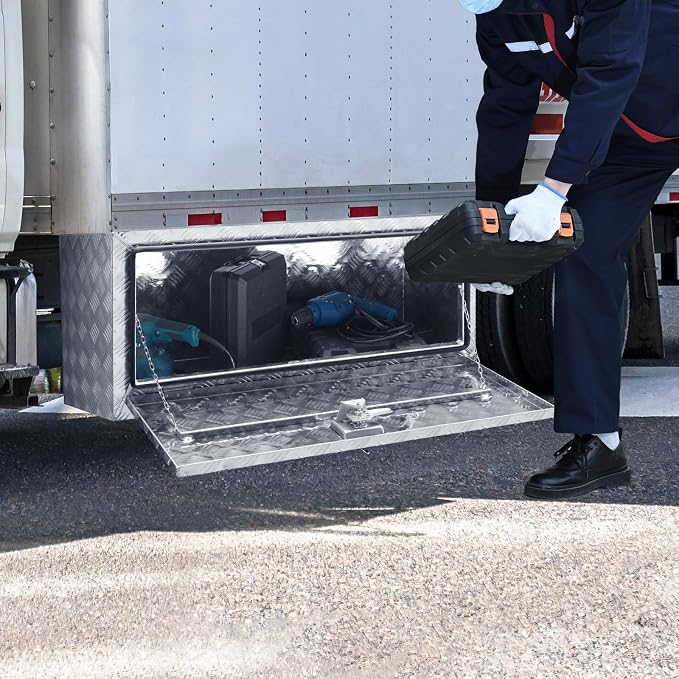 VEVOR Underbody Truck Box, 36"×14"×16" Pickup Storage Box, Heavy Duty Aluminum Diamond Plate Tool Box with Lock and Keys, Waterproof Trailer Storage Box with T-Handle Latch for Truck, Van, Trailer