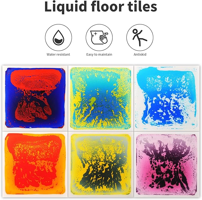 Art3d Liquid Sensory Floor Activity Tiles, 11.8"x11.8" Square, Multicolor, 6 Tiles