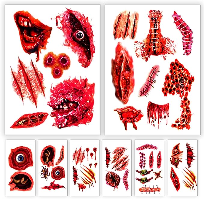 Yazhiji 42 Sheets Halloween Temporary Tattoo Family Set Day of Dead Pumpkin Ghost for Women Black Fake Death Skull Skeleton Tatoos for Men Boy and Girl, Halloween Zombie Makeup Tattoo Kit