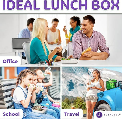 Everusely - Bento Box - Lavender, 47oz / 1.4 L - Stainless Steel Lunch Box with Leakproof Condiment Container - 3 Compartment Snack Organizer for On the Go Meals - Freezer & Dishwasher Safe