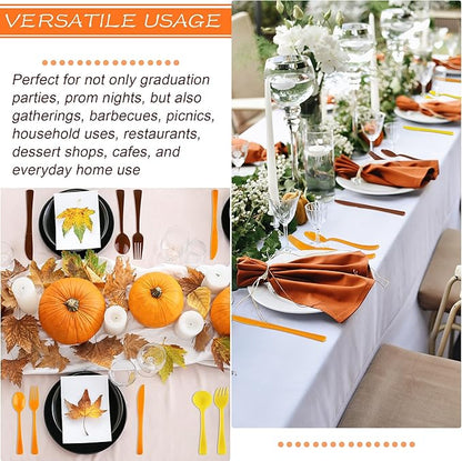 300 Pieces Thanksgiving Plastic Silverware Fall Heavy Duty Utensils Set Heavyweight Disposable Flatware Includes Orange Yellow Brown Spoons Forks Knives for Thanksgiving Dinner Party Supplies