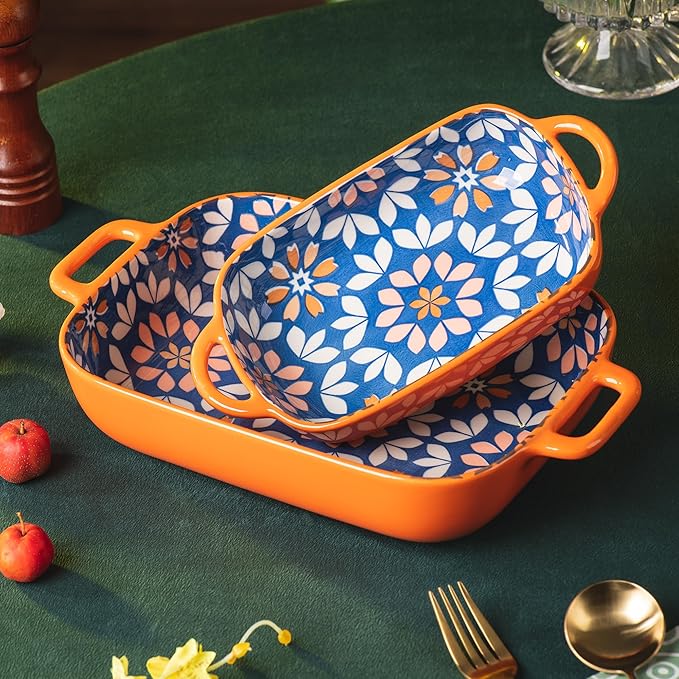 ONCCI Ceramic Baking Dish Set, 2-Piece Hand-painted Porcelain Rectangular