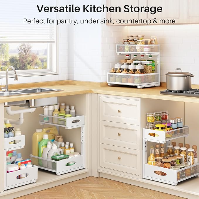 Under Sink Organizer, 2 Pack 2 Tier Pull Out Under Cabinet Organizer Shelf