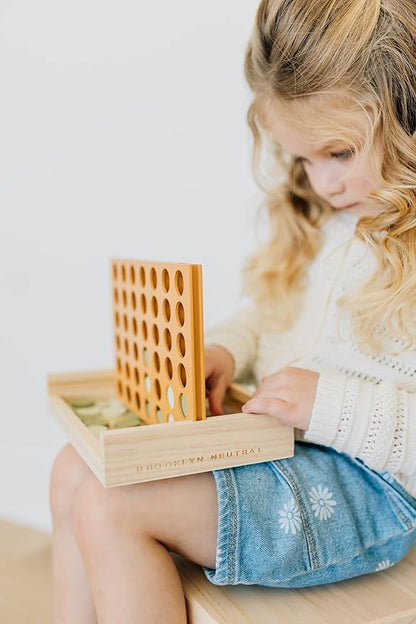 Neutral Wooden Four in a Row Game, Aesthetic Two Player Montessori Travel Board Game for Kids and Adults, Perfect Coffee Table Decor and Housewarming Gift