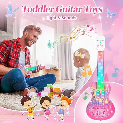 Kids Guitar and Microphone Playset, Musical Guitar Play Set with Adjustable Stand,Toy Guitar Starter Kit with 4 Strings, Electric Guitar Karaoke Toys with Music Lights for Boys Girls