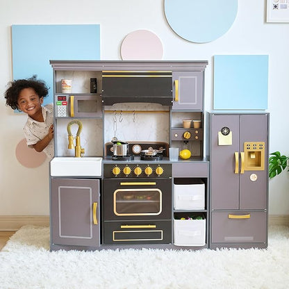 Teamson Kids Little Chef Colonie Play Kitchen for Kids, Gray – 2-Piece Pretend Kitchen Set with Ice Dispenser, Coffee Maker, Farmhouse Sink & Storage, Modern Wooden Toy for Toddlers & Girls Boys
