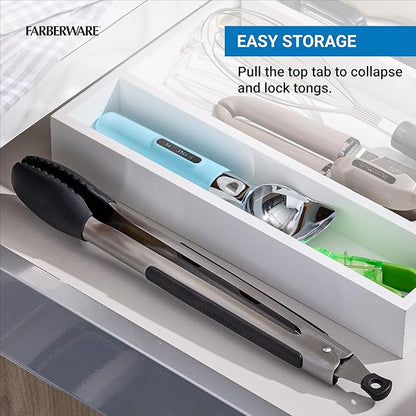 Farberware Silicone-Tipped Locking Kitchen Tongs – Heat Resistant, Nonstick Safe