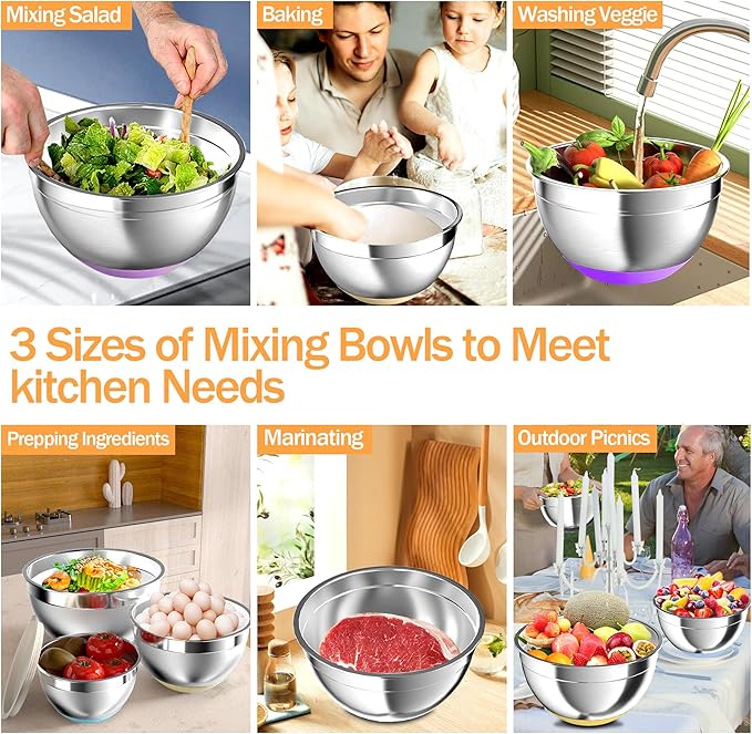 Nicdiet Mixing Bowls with Airtight Lids, Stainless Steel Mixing Bowl Set with 3