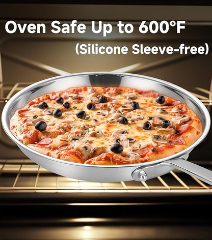 LOLIKITCH 10 In Stainless Steel Skillet - Professional Induction Fry Pan, Oven Safe 600°F, Tri-Ply Stainless Steel Clad, Dishwasher Safe, Detachable Handle, PFOA Free, Commercial Restaurant Grade