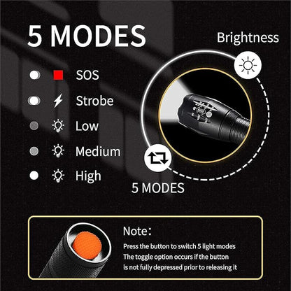 2 Pack LED Tactical Flashlights High Lumens Lights Portable Waterproof Zoomable Flashlight with 5 Modes for Camping/Outdoor/Hiking/Gift-Giving/Emergency