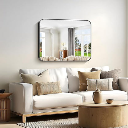Bathroom Mirror, 30 x 24 inch Metal Framed Black Rectangle Mirror, Rounded