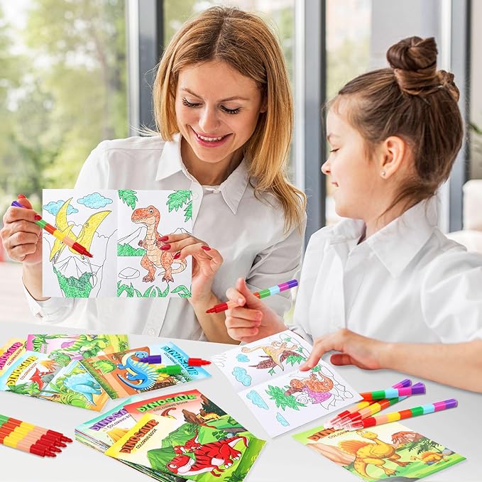 BenLouis 12 Dinosaur Mini Coloring Books Kids with 12 Stacking Crayons Dino Party Favors Small Activity Books Bulk for Kids Jurassic Party Gift Goodie Bag Stuffers