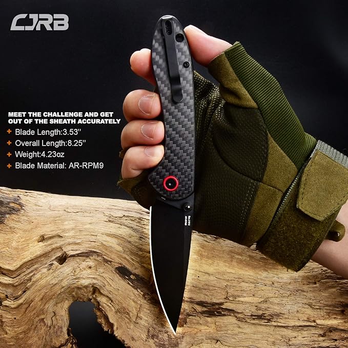CJRB CUTLERY Folding Knife Feldspar(J1912) AR-RPM9 Powder Steel Black PVD Blade Carbon fiber Handle Pocket Knife EDC Knife, Carbon Fiber Handle