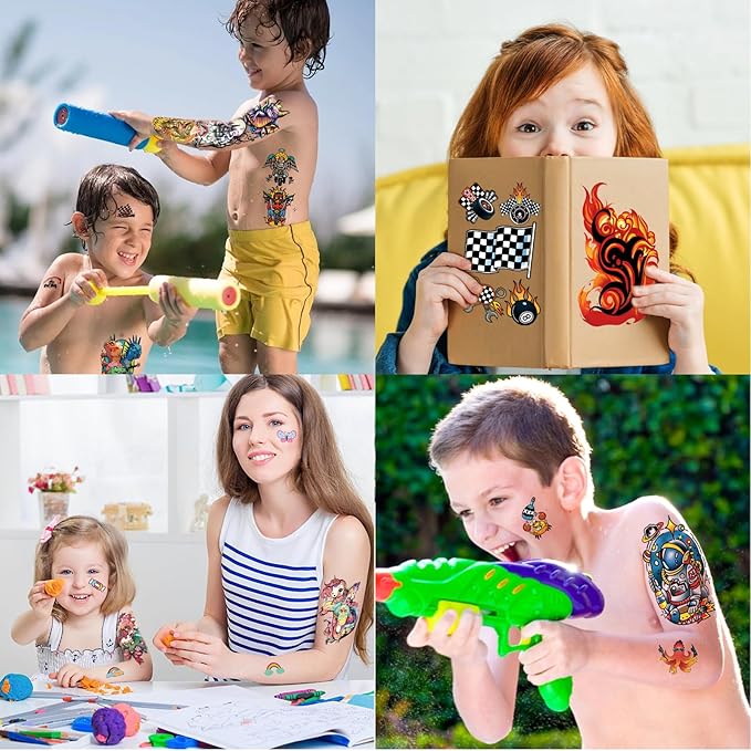 52 Pcs Temporary Tattoo for Kids Full Arm Castle Butterfly Cat Truck Dinosaur Rocket Planet Cute Animal Body Face Fake Arm Tattoos for Girls Boys Tiny Tattoo Stickers Birthday Gifts Party Supplies