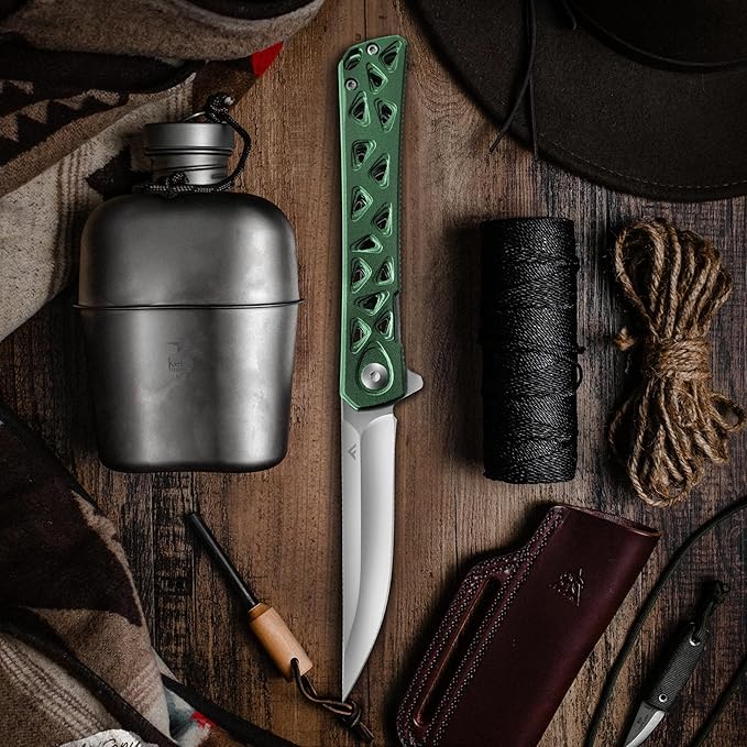 FLISSA Folding Knife, 4.5" Folding Pocket Knife, Hollow-out Design Handle, Tactical Pocket Knife for Hunting, Survival, EDC, Camping and Outdoor Activities, Green