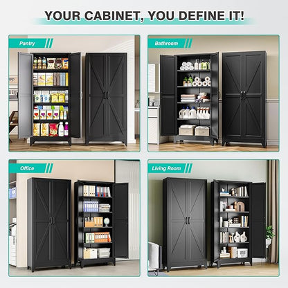 75" Tall Pantry Cabinet,Farmhouse Kitchen Pantry Storage Cabinets with 2 Doors and 4 Shelves,Black Metal Storage Cabinet,Large Cupboard for Home,Kitchen,Dining/Living Room
