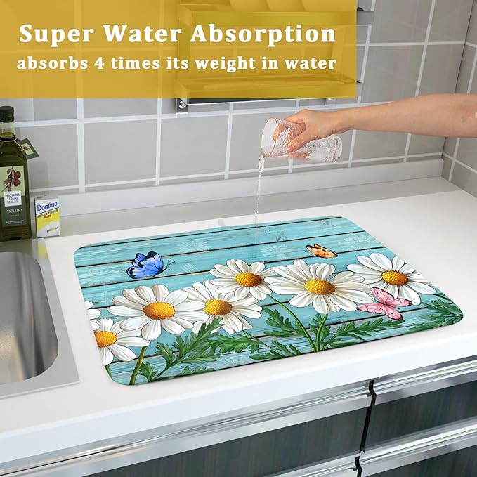 Spring Summer Daisy Flowers Dish Drying Mat