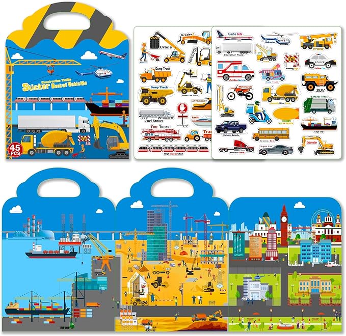 Reusable Sticker Book for Kids, 45pcs Vehicles Cars 3D Jelly Stickers Toddlers Activity Book for Boys Girls Road Trip Toddler Airplane Train Travel Essentials Toy