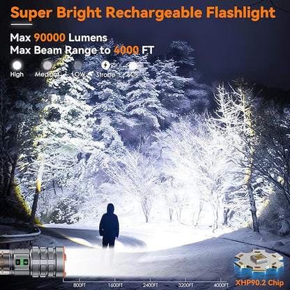 LED Flashlights High Lumens Rechargeable, 90000 High Lumens Super Bright Flashlight Camping with 11 Modes & Waterproof, Powerful Handheld Flashlight for Camping Emergencies, Outdoor, Hiking, Working
