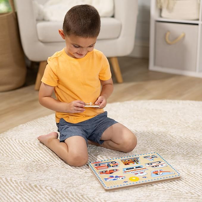 Melissa & Doug Vehicles Sound Puzzle – 8-Piece Wooden Peg Puzzle with Light-Activated Sounds, Music Learning Toy for Toddlers and Preschoolers Ages 2+