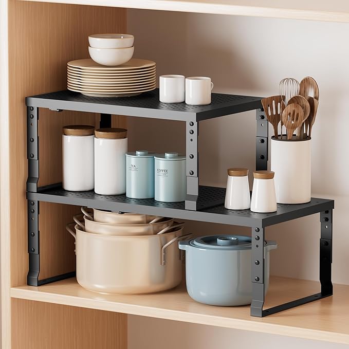 Metal Stackable Expandable Storage Shelf - Multi-Functional Home Storage Shelf, Suitable for Kitchen, Cabinet，Bathroom, Office, Garage, etc.（2PACKS/Black/Medium