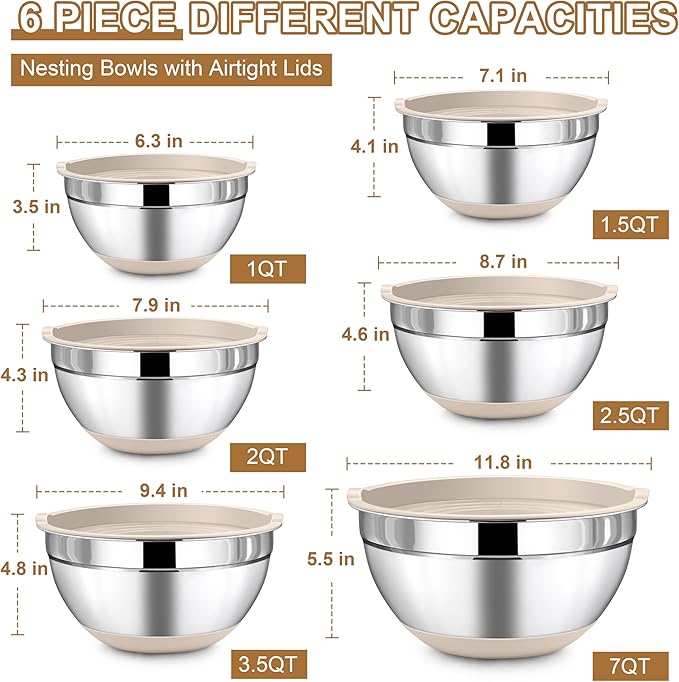 LIANYU Stainless Steel Mixing Bowls Set with Airtight Lids, 6 Piece Nesting Metal Bowls for Kitchen Baking Cooking Serving Food Storage, Size 7, 3.5, 2.5, 2, 1.5, 1QT, Non-slip Bottom, Khaki