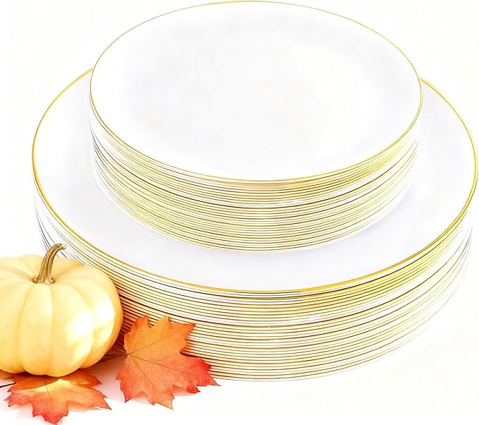KIRE 60PCS Gold Plastic Plates - Thanksgiving Heavy Duty White Disposable Plates with Gold Rim for Party/Wedding- Include 30Pieces 10.25inch Dinner Plate and 30Pcs 7.5inch Dessert Plate
