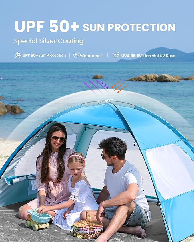 OutdoorMaster Beach Tent for 3/4 Person - Easy Setup Sun Shade Shelter, Portable Beach Shade Sun Canopy with UPF 50+ UV Protection, Removable Skylight Family Size