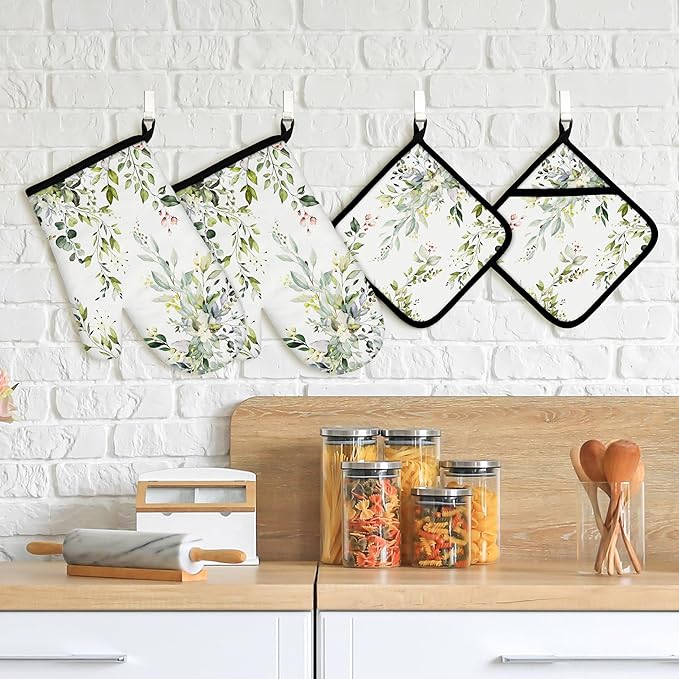 Eucalyptus Leaves Oven Mitts and Pot Holders Sets Sage Green Botanical Floral