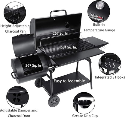 Royal Gourmet CC2036F Barrel Charcoal Grill with Offset Smoker, Outdoor BBQ Grill with 1200 Sq. In. Grilling Area for Large Event Gathering, Black