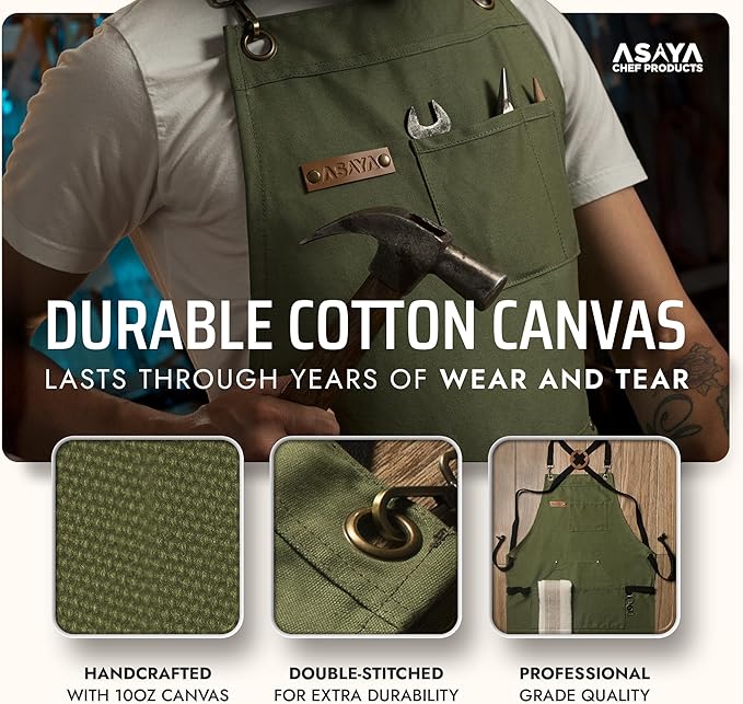Asaya Chef and BBQ Apron with Bottle Opener and Hand Towel - 10oz Cotton Canvas