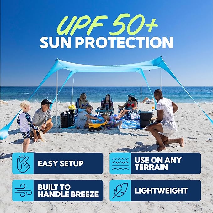 SUN NINJA Beach Tent Sun Shelter UPF50+ - Easy Pop Up Beach Canopy - Outdoor Shade for Camping Trips, Fishing, Backyard Fun Picnics - Sand Shovel, Ground Pegs & Stability Poles