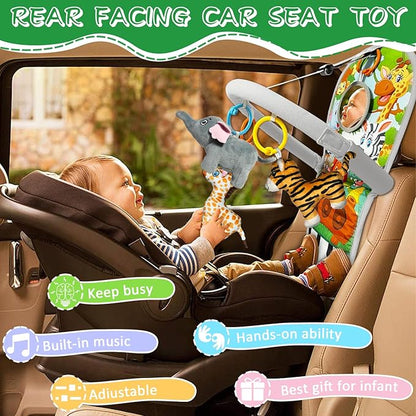 Car Seat Toys for 6-12 Months - Musical Pedal Piano with Baby Mirror, Squeaky Sensory Soft Animal Toys for Rear Facing Carseats