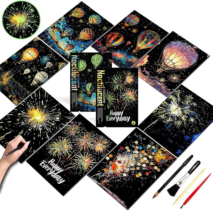 Scratch Paper Art for Adults-Glow in The Dark Scratch Painting Craft Kit (8 Sheets A4)|DIY Foil Engraving Art Set|Stress Relief Gift for Travel Lovers,Craft Lovers,Home Decors (Fireworks)