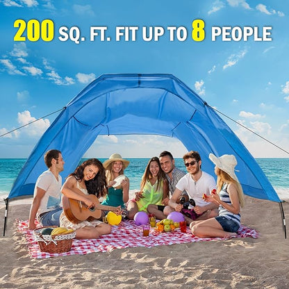 Beach Shade 200 Sq. Ft Beach Canopy for 4-8 People, Portable Sun Shelter with UV Protection, Lightweight & Easy Setup for Family Outdoor Activities (Blue)