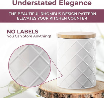 Pebble & Stem® White Metal Canister Set for the Kitchen Counter, Food Canister Set of 4, Airtight Lids, Sugar and Flour Containers for Countertops, Coffee and Tea Storage, Farmhouse Decor