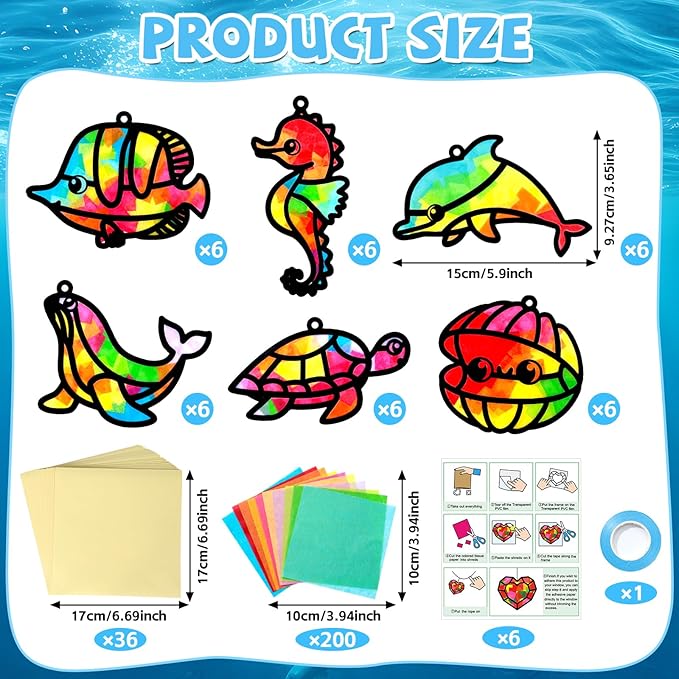 Qyeahkj 36 Set Sea Animal Suncatcher Crafts for Kids DIY Under The Sea Window Tissue Paper Craft Kit Ocean Animal Hanging Decor for Summer School Home Activity Art Project Birthday Party Favor Gift