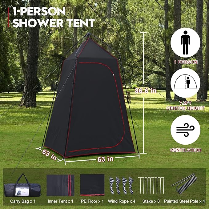 Camping Shower Tent, Portable Outdoor Privacy Shelter for Showering & Changing, 7.2 FT Easy-Setup Toilet Tent with Floor & UPF 50+, Ideal for Hiking, Fishing, Beach