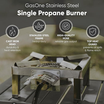 GasOne Stainless Steel Single Propane Burner - Outdoor Cooking with Heat Shield and Guard ??Propane Burner Head for Camping, Tailgating, Seafood Boil, Home Brewing - Patent Pending