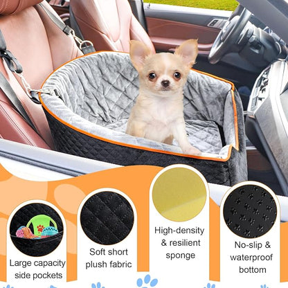 XIEEAOZEE Dog Car Seat for Small Dogs, Memory Foam Booster Dog Seat for Dogs up to 35 lbs, Elevated Pet Car Seat with Washable Removable Cover, Storage Pockets(Black/Gray)