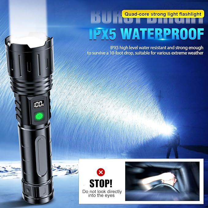 Rechargeable Flashlights High Lumens - 2000 Lumens Long Beam Super Bright LED Flash Light with Power Display & IPX5 Waterproof for Camping, 20H Runtime,5 Modes,Zoomable Handheld Flashlight, 4pcs